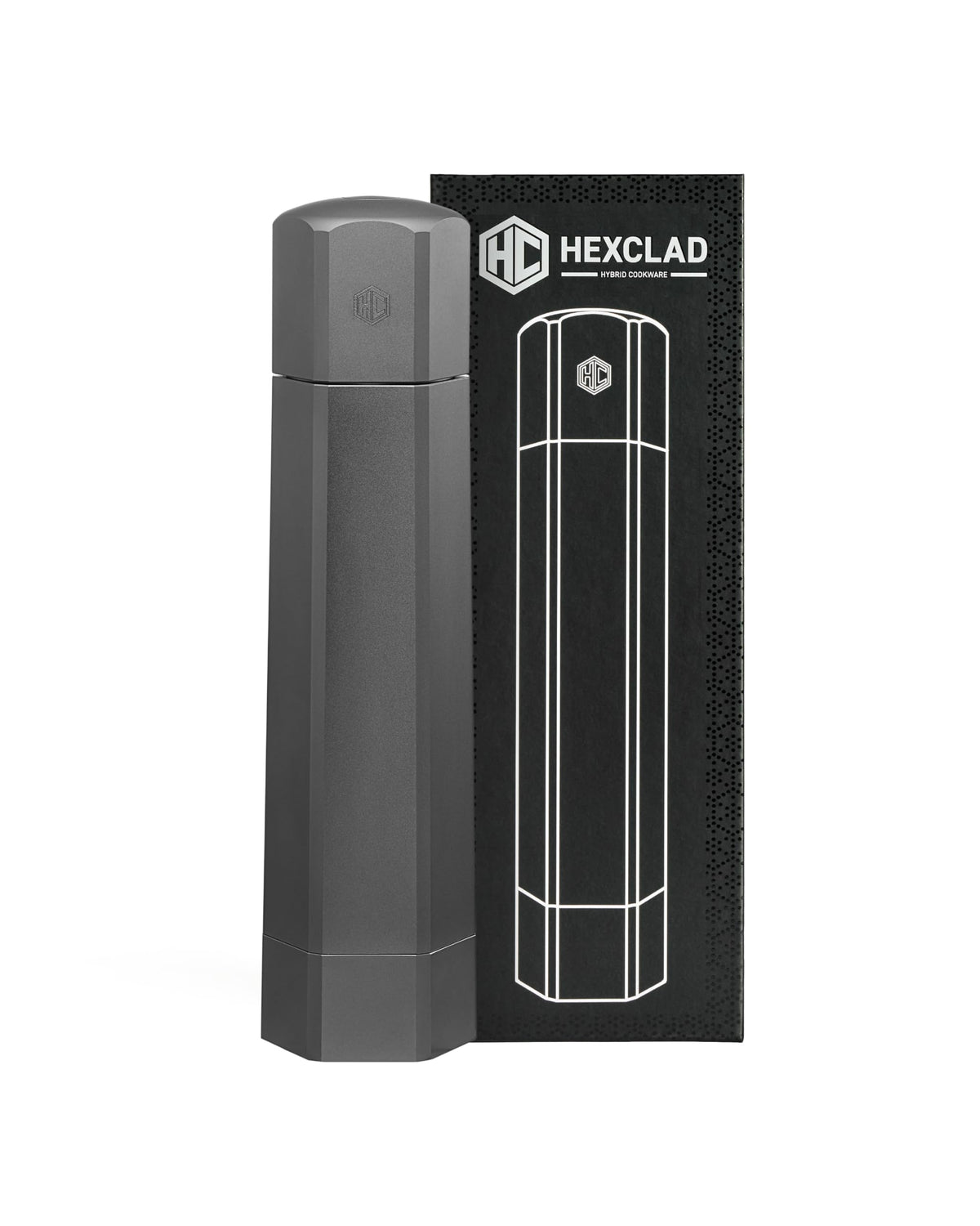 HexClad HexMill front view showing aluminum gray finish and ergonomic shape for durability
