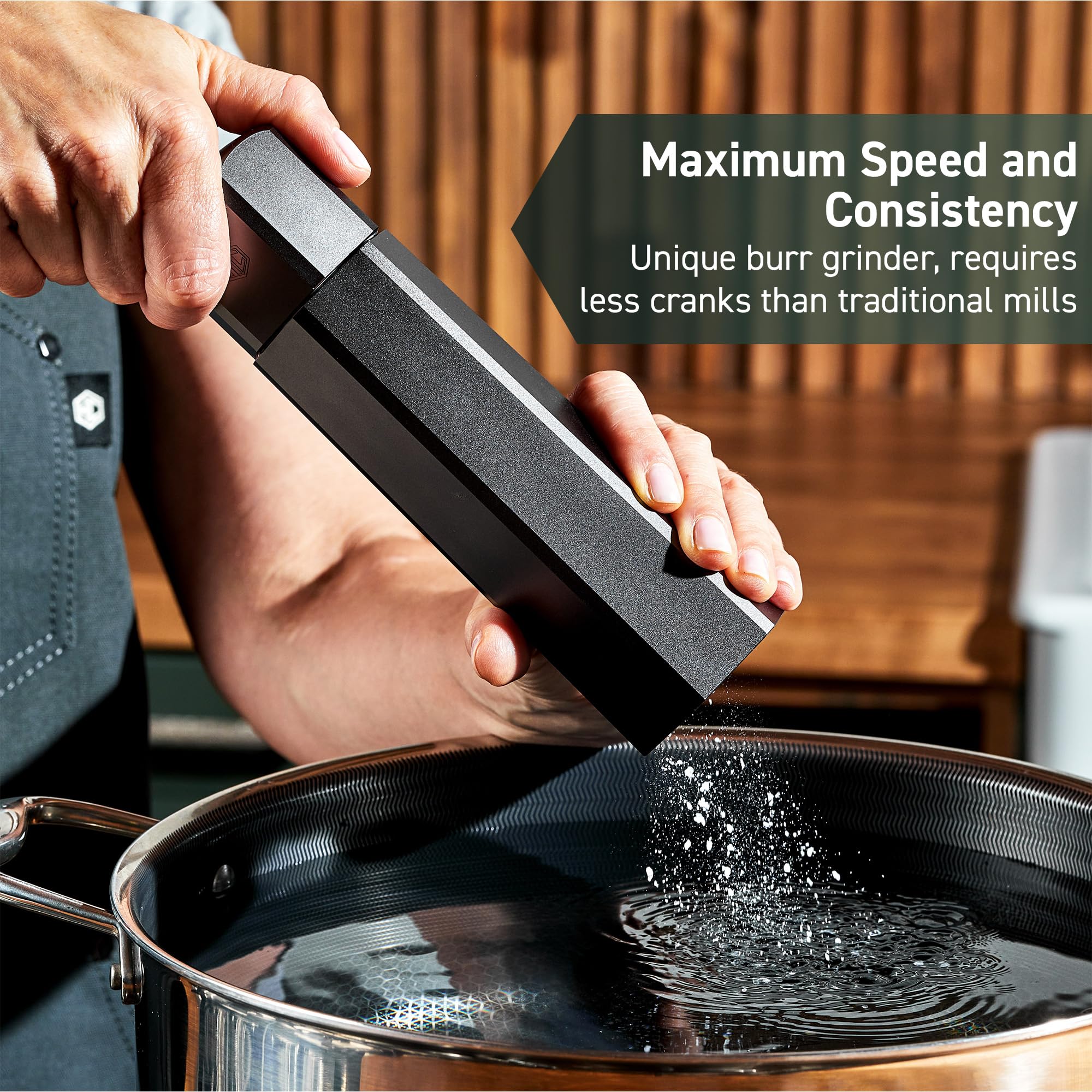 HexClad HexMill open cap during refill demonstrating clean, spill-free top fill
