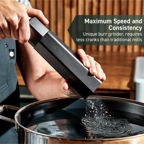 HexClad HexMill open cap during refill demonstrating clean, spill-free top fill
