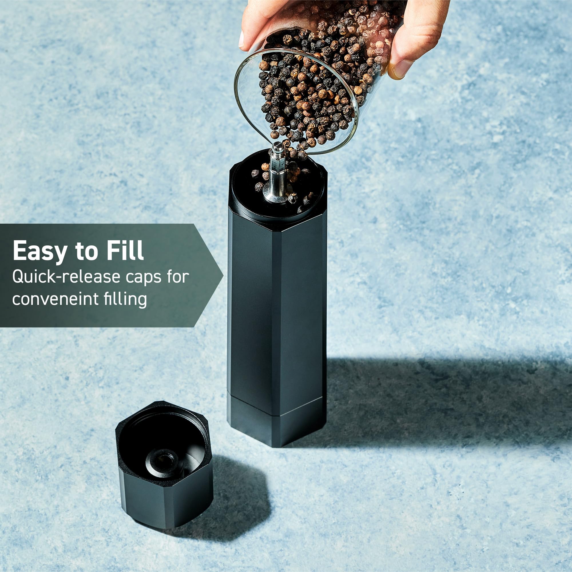 HexClad HexMill quick-release button detail for fast, mess-free cap removal