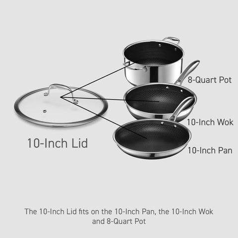 HexClad lid side profile seated on 10 qt pot showing secure fit benefit