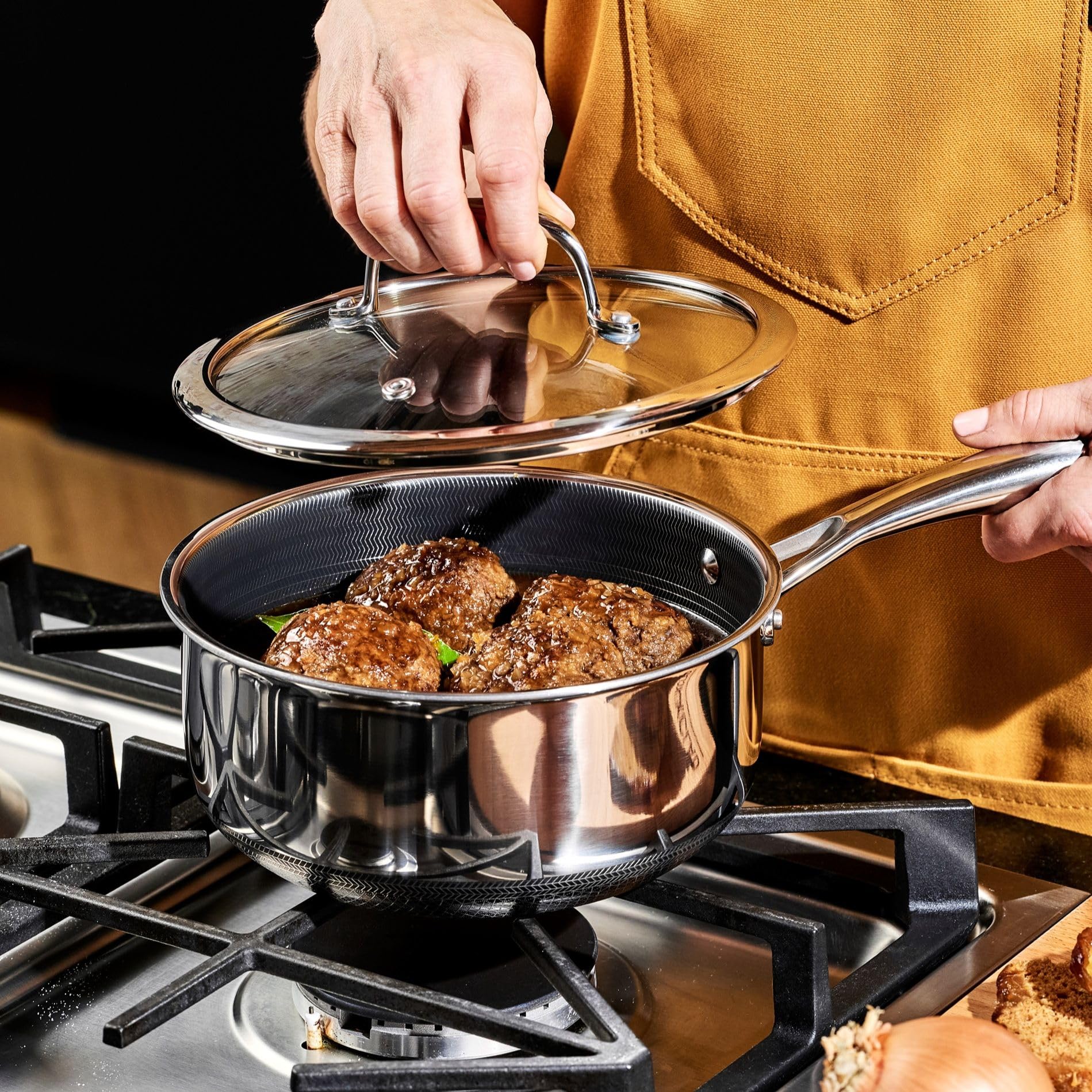 HexClad saucier in kitchen serving porridge showing everyday functionality benefit