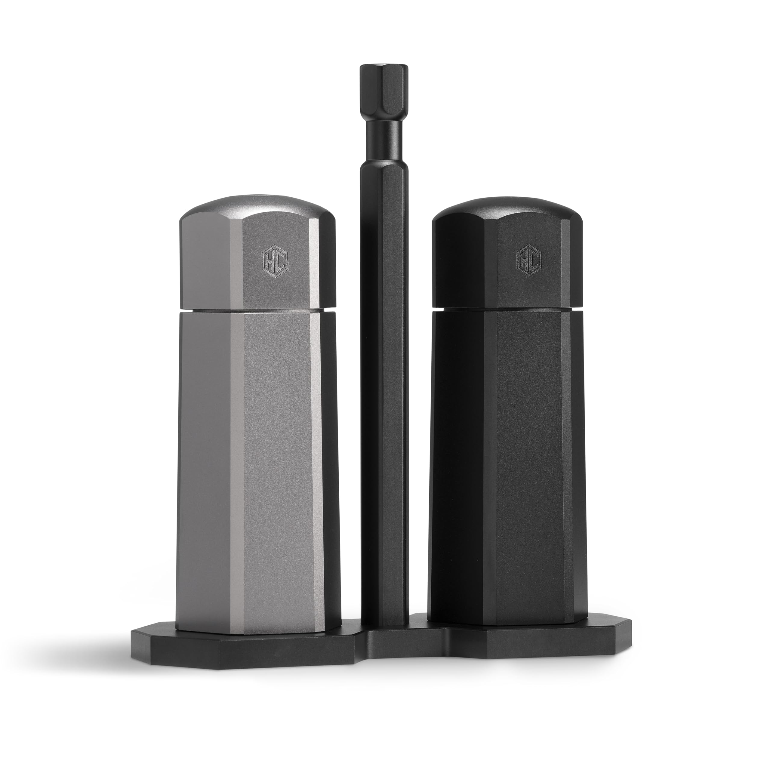 HexClad front view of salt and pepper mills showing compact design and balance