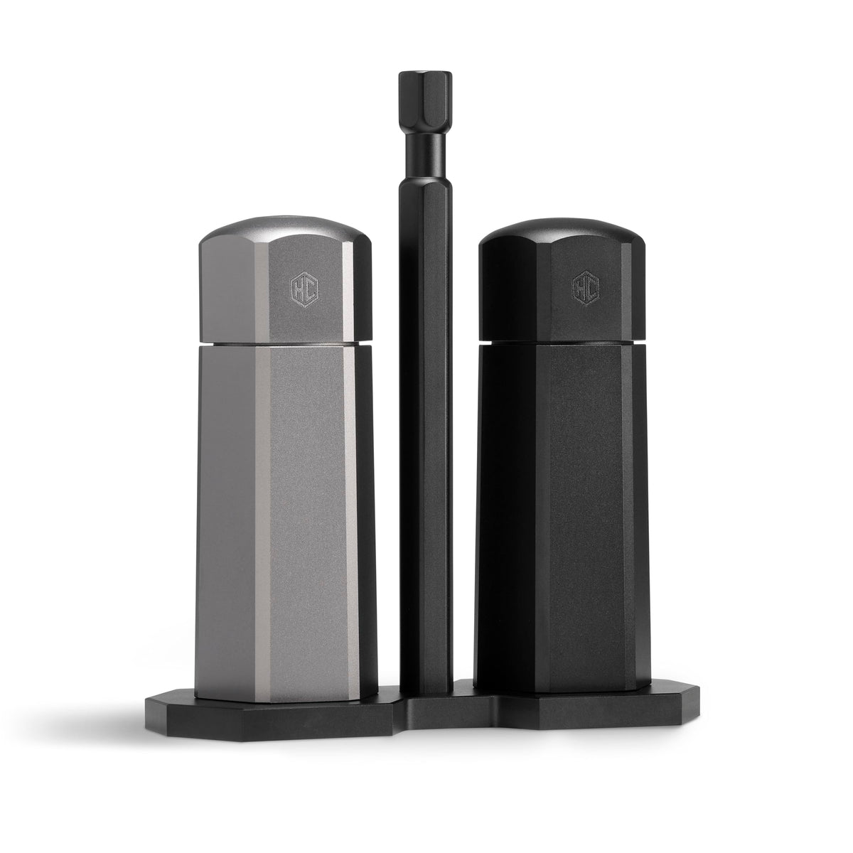 HexClad front view of salt and pepper mills showing compact design and balance
