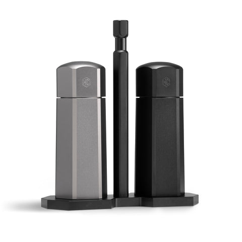 HexClad front view of salt and pepper mills showing compact design and balance