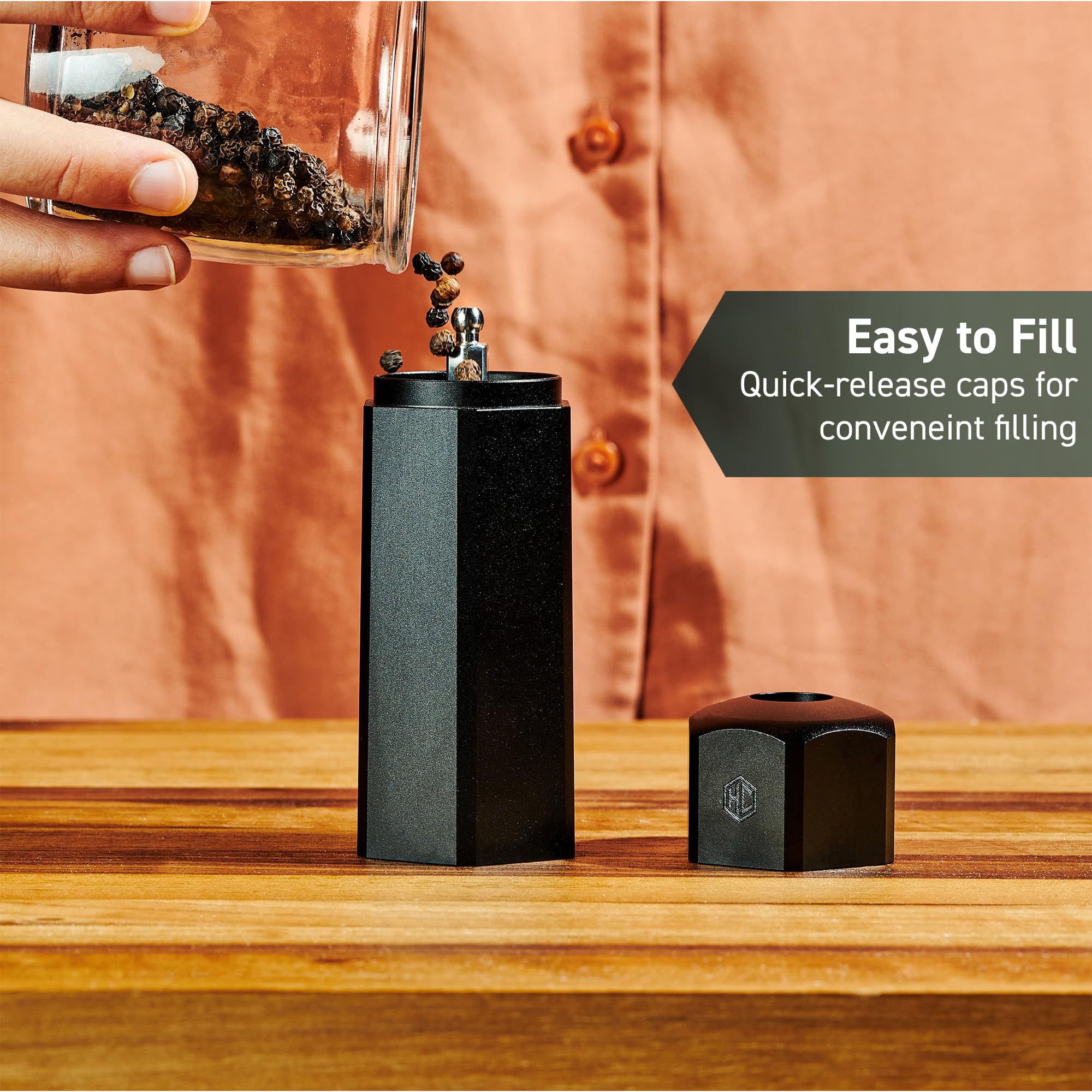 HexClad tabletop mills in caddy keeping table tidy and easy to carry