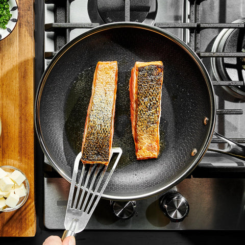 HexClad pan plated meal to show serving performance and attractive browning
