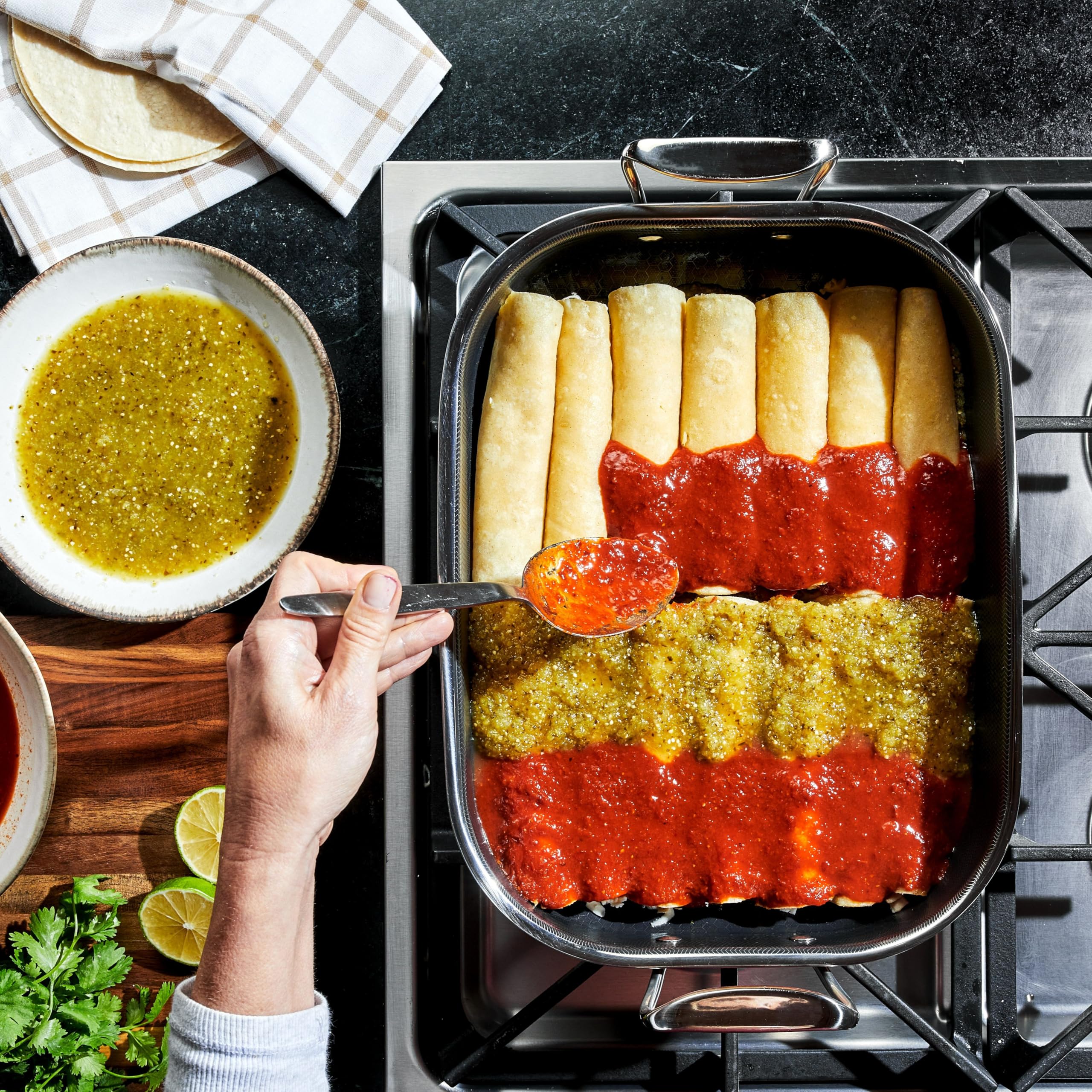 HexClad roaster on dinner table showcasing compact footprint and serving