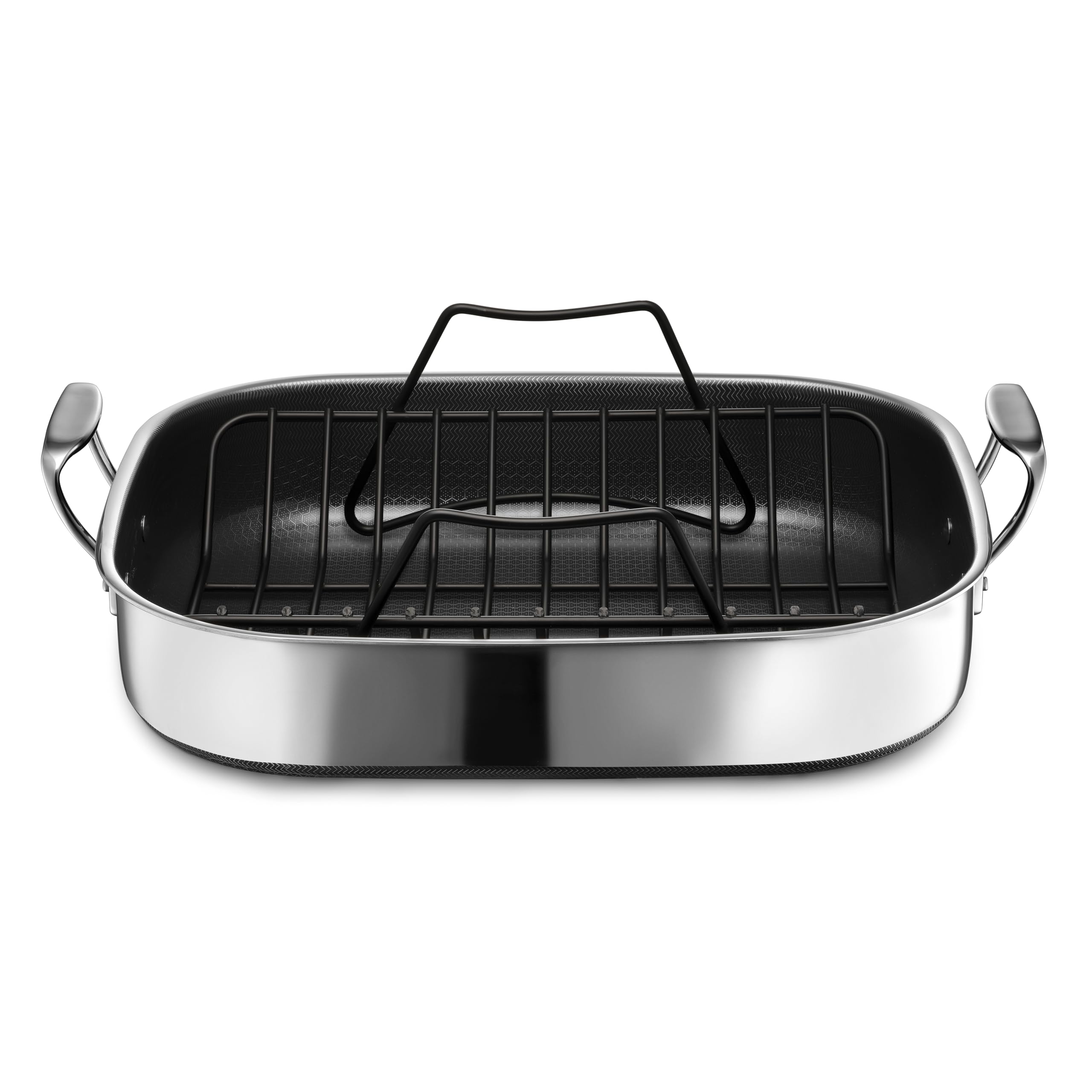HexClad roasting pan front view showing capacity and finish benefit even heating