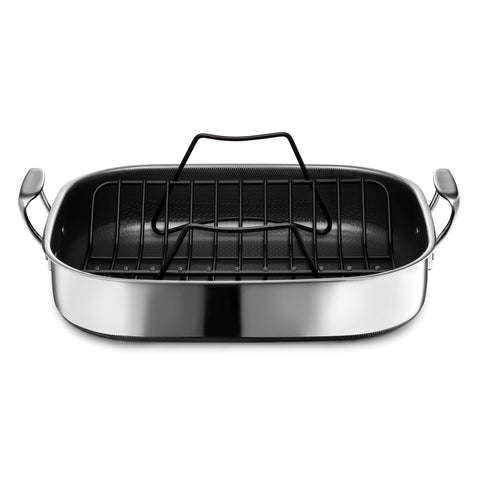HexClad roasting pan front view showing capacity and finish benefit even heating