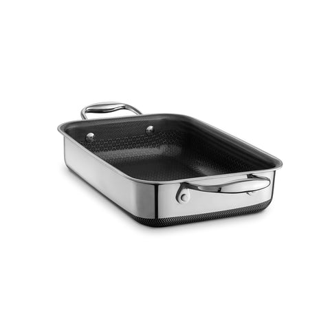 HexClad roasting pan front view showing rectangular shape and handles for versatile cooking