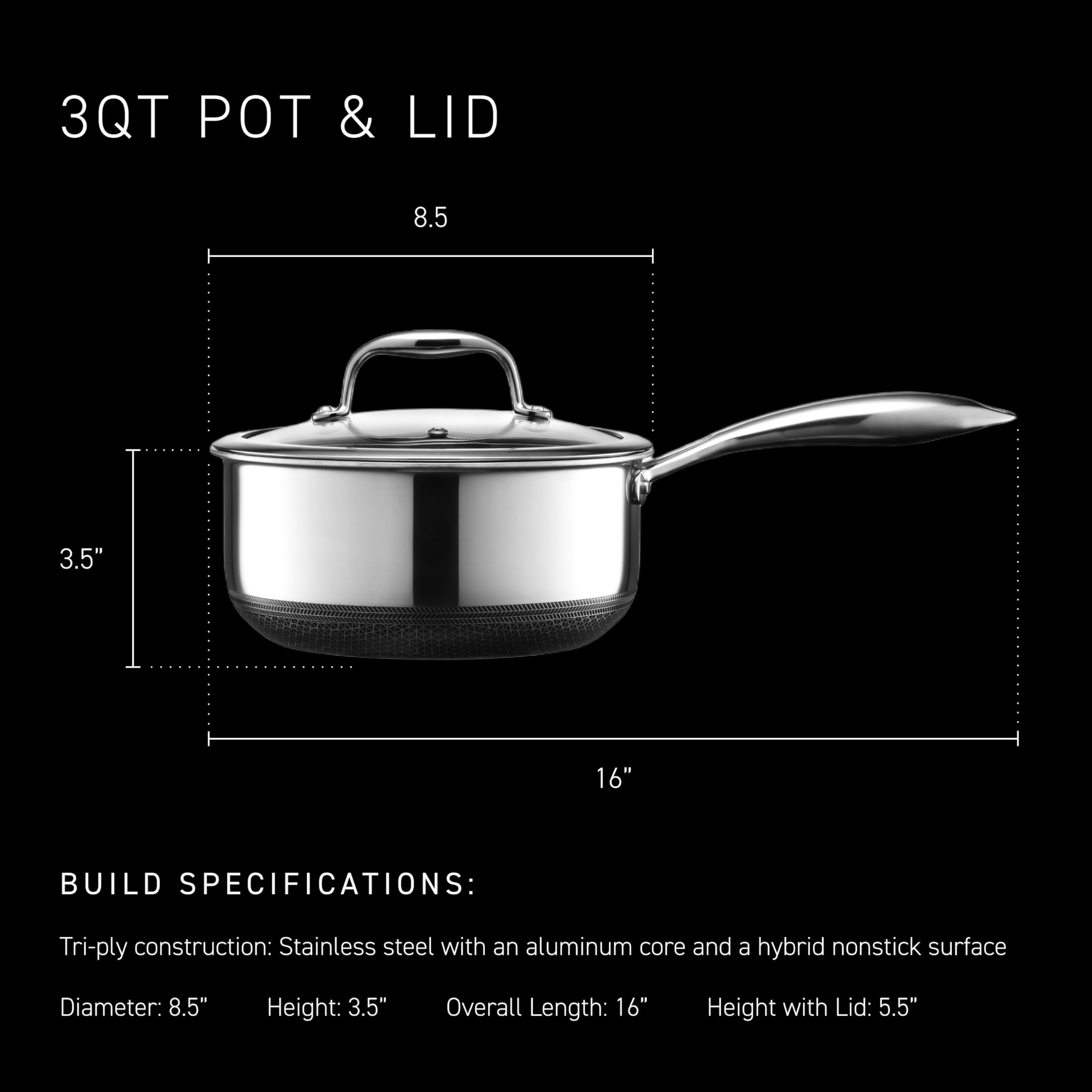 HexClad saucier side profile with measurements showing compact 3-quart capacity