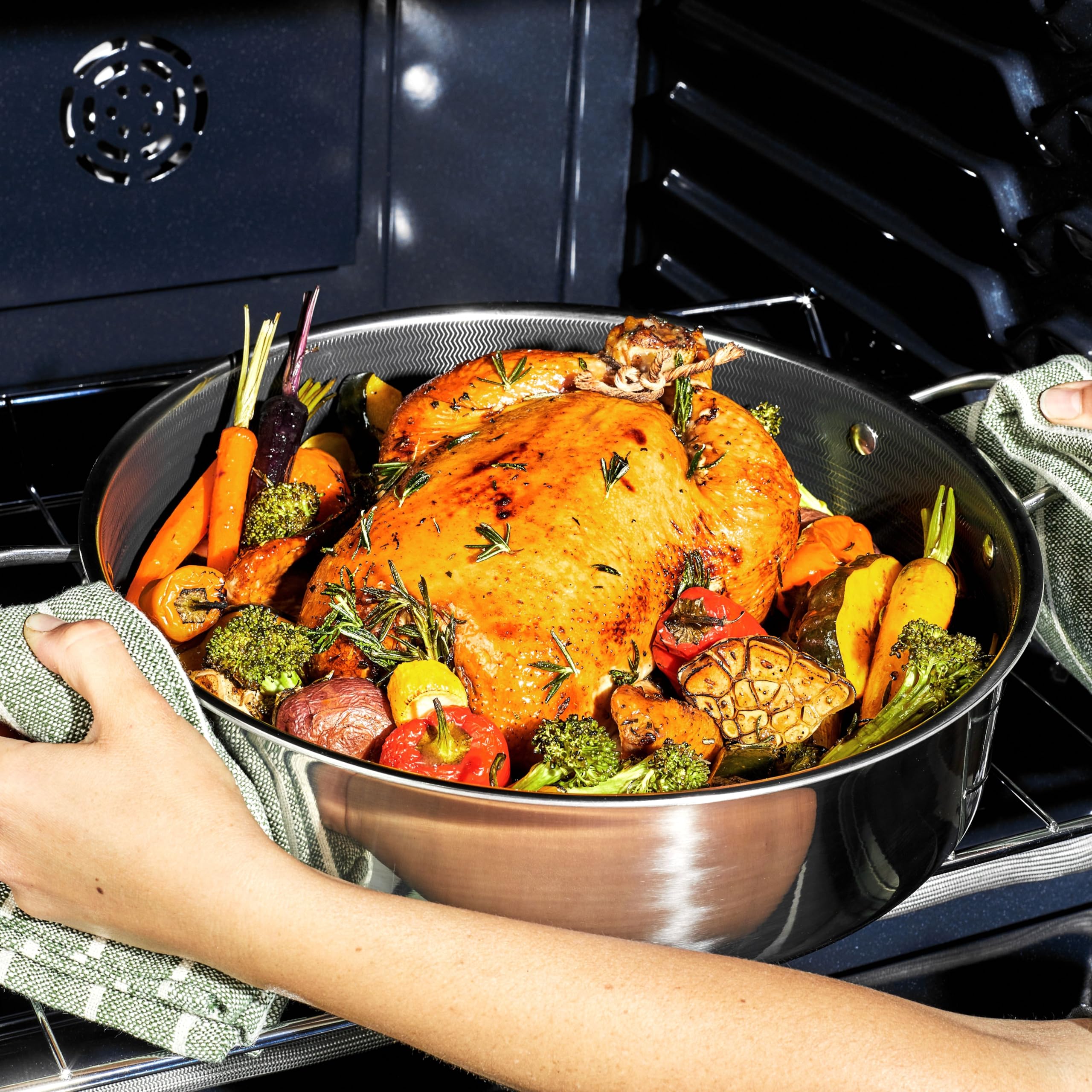HexClad pan next to common kitchen items showing scale and family-size capacity