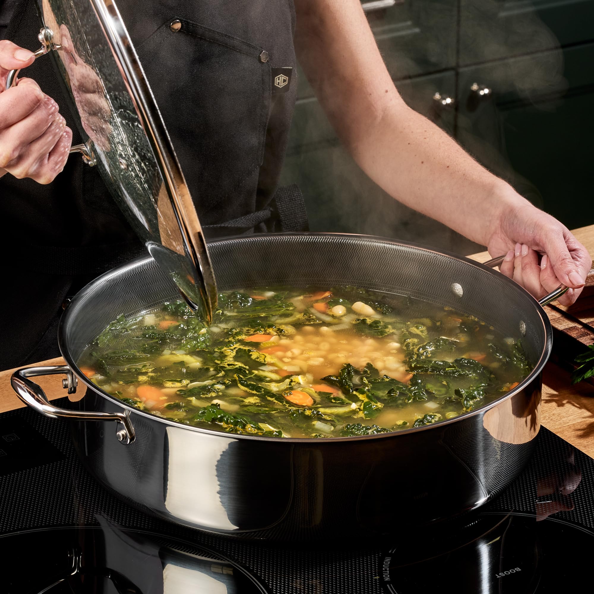 HexClad pan size comparison with ingredients showing 10-quart capacity for family meals