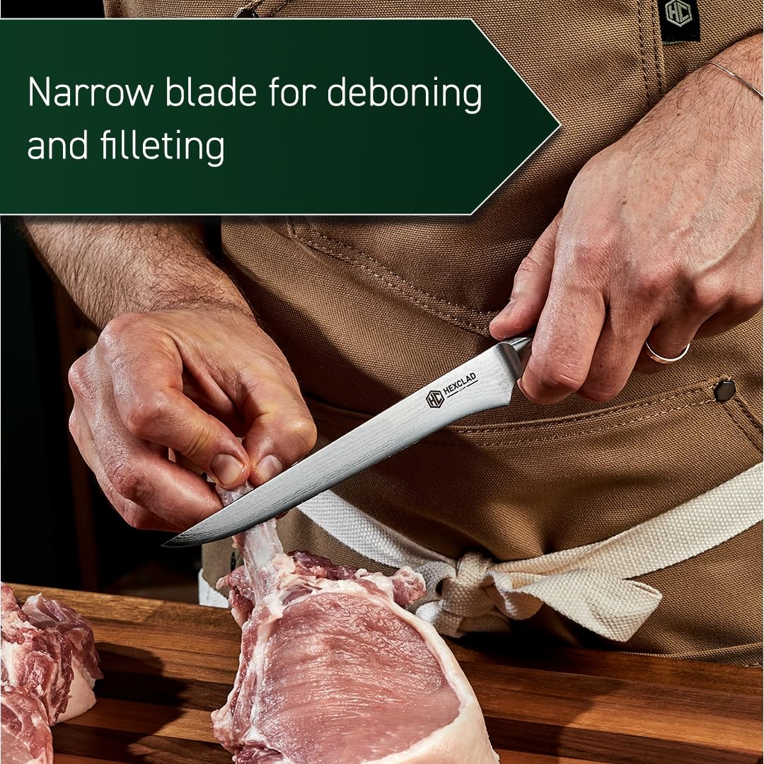 HexClad blade flex demonstration showing thin spine for contour following