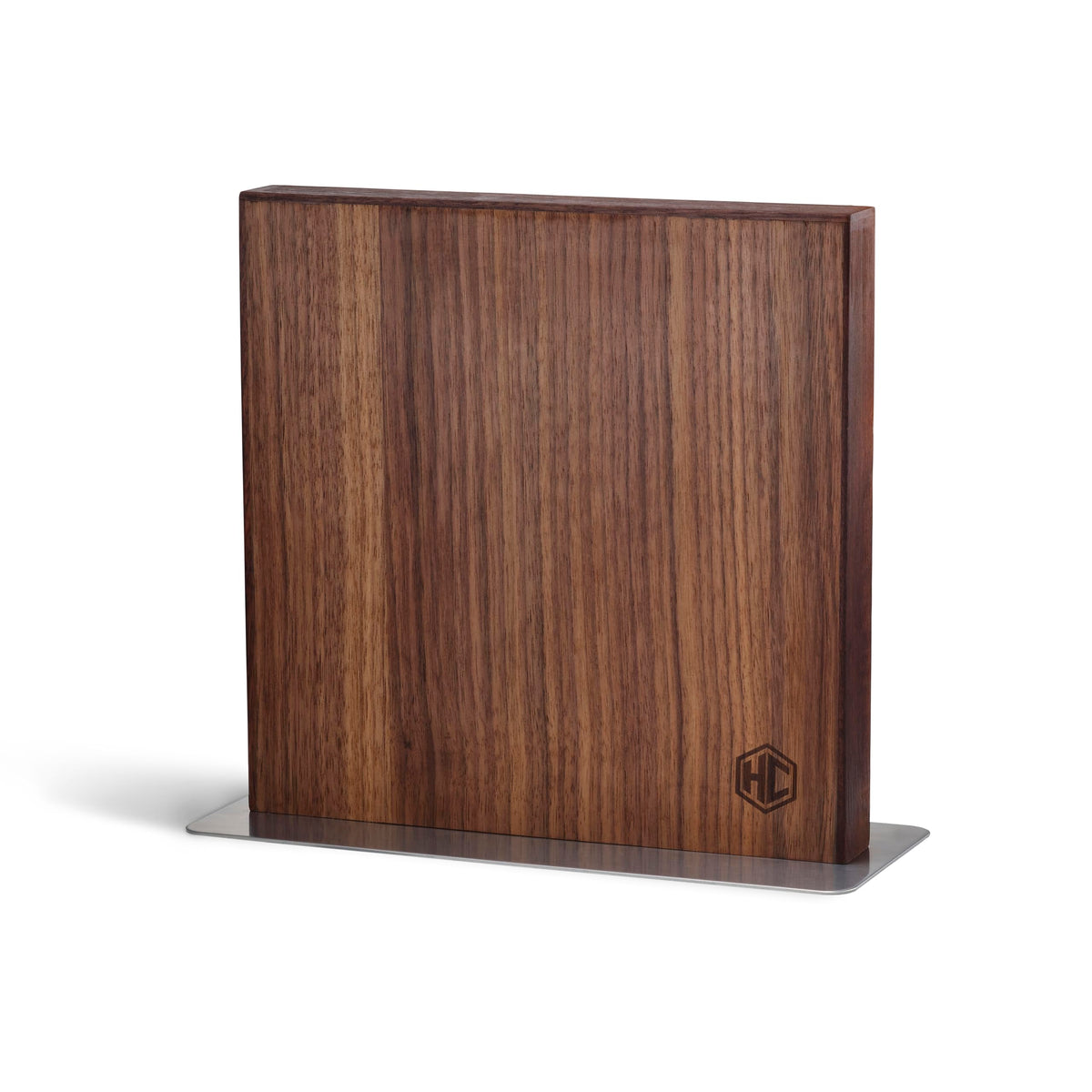 HexClad walnut magnetic block front view showcasing elegant storage benefit