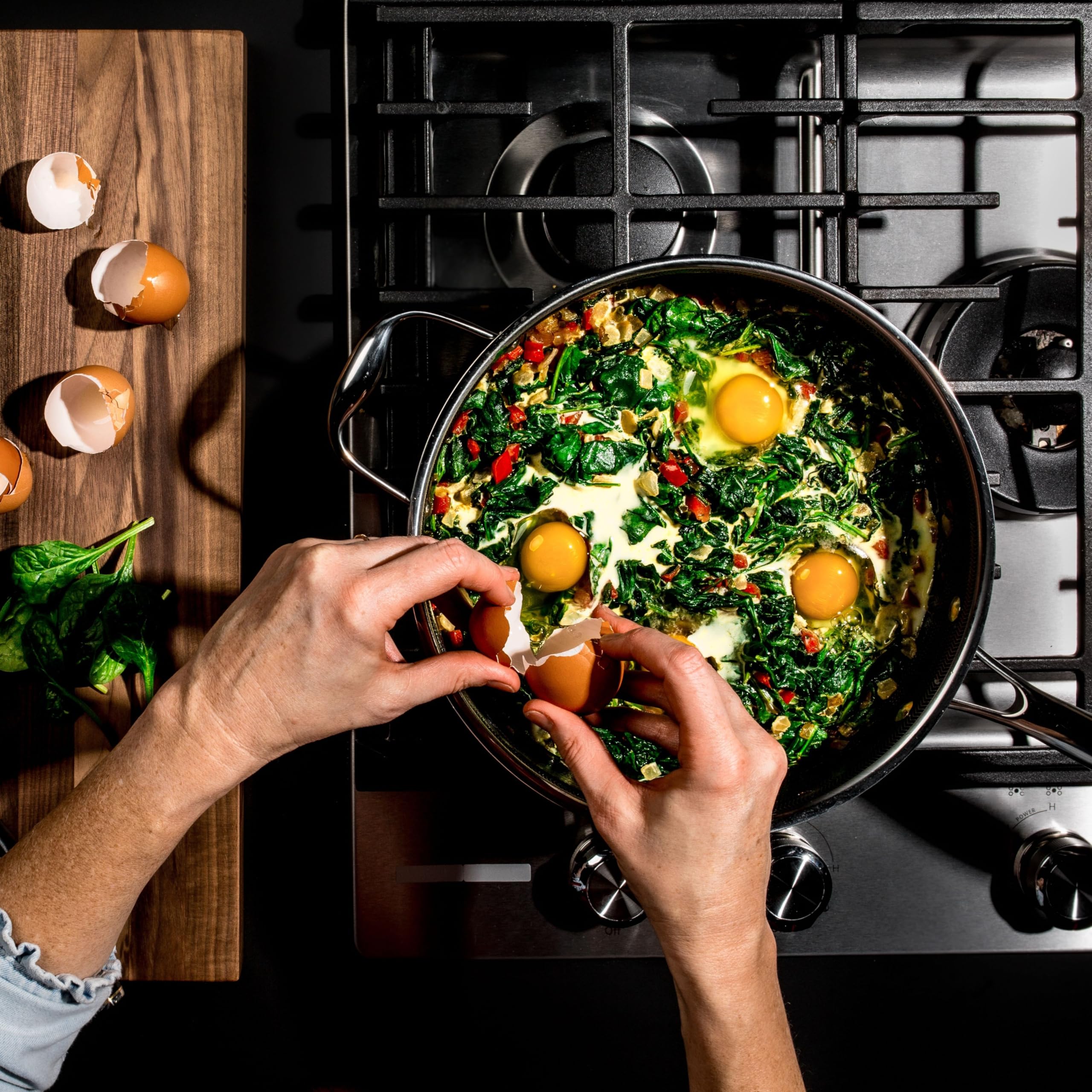 HexClad with tempered glass lid on pan, easy monitoring and moisture control