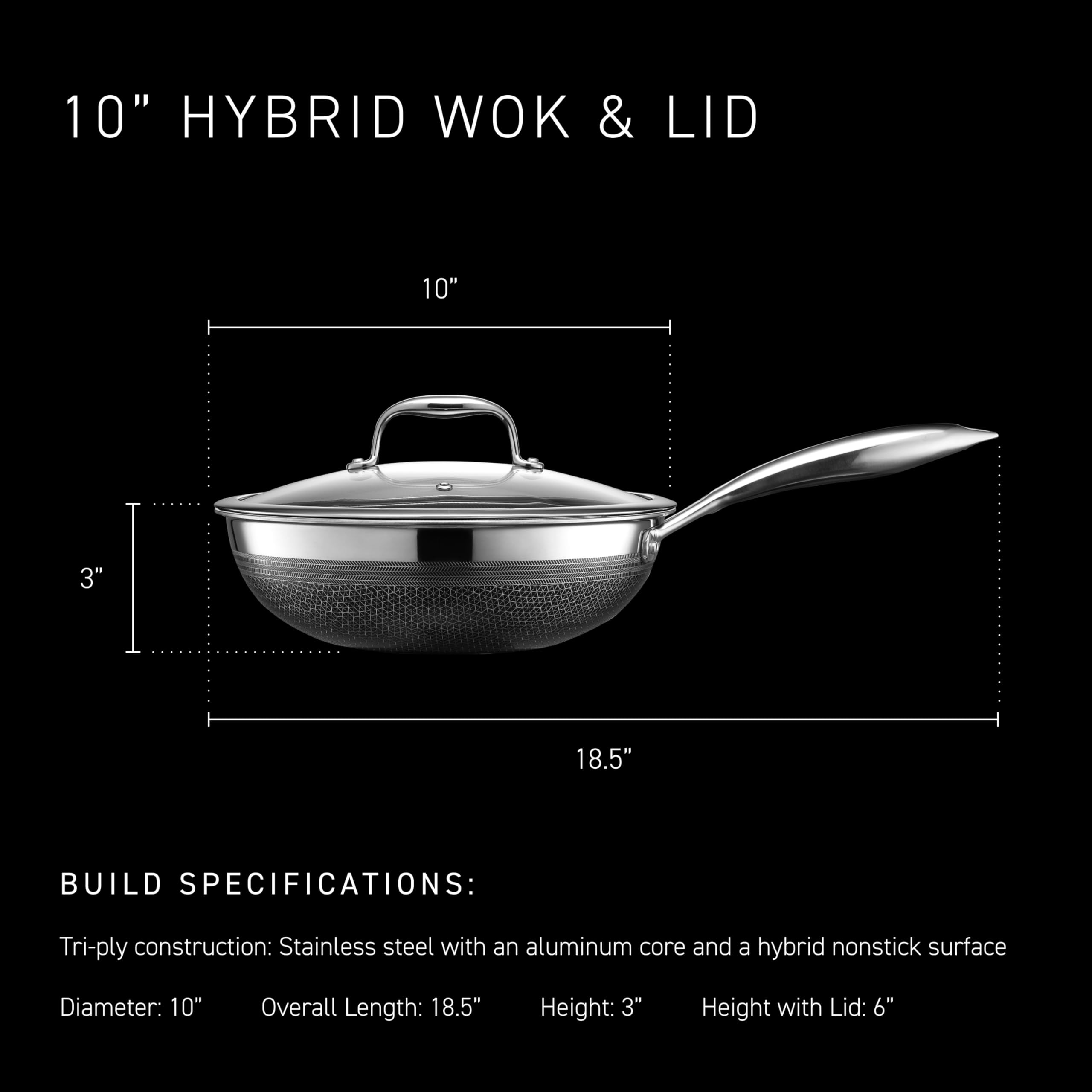 HexClad wok handle and side profile displaying sturdy construction and balance