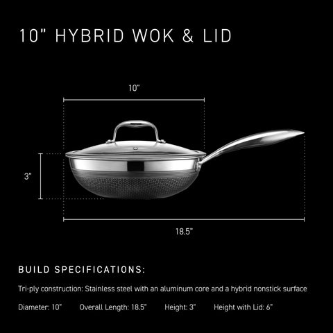 HexClad wok handle and side profile displaying sturdy construction and balance
