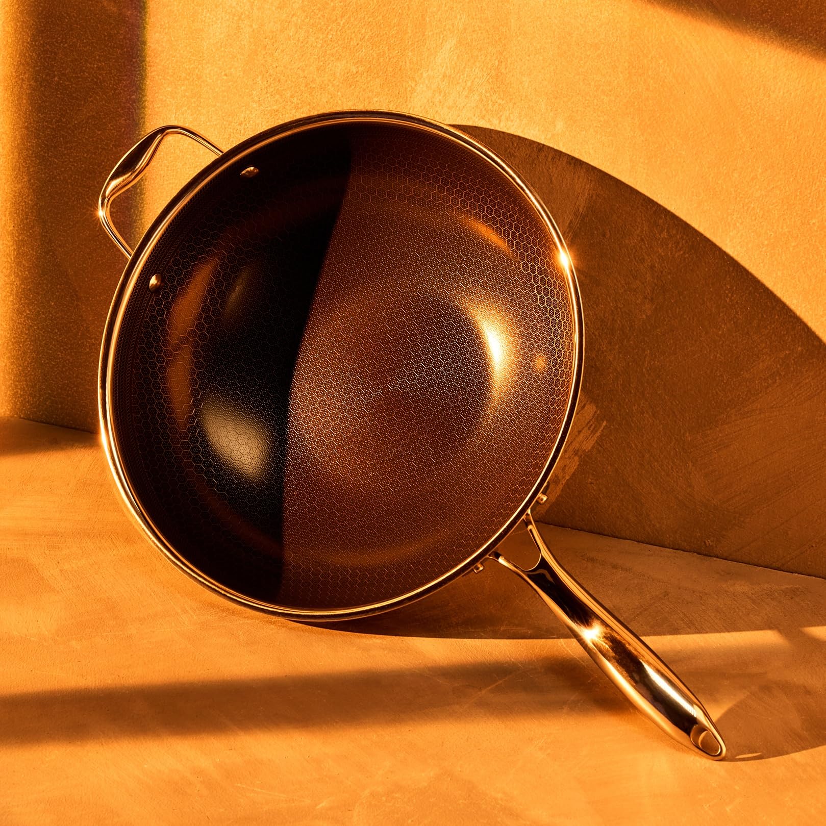 HexClad close-up of long stainless stay-cool handle for safe grip