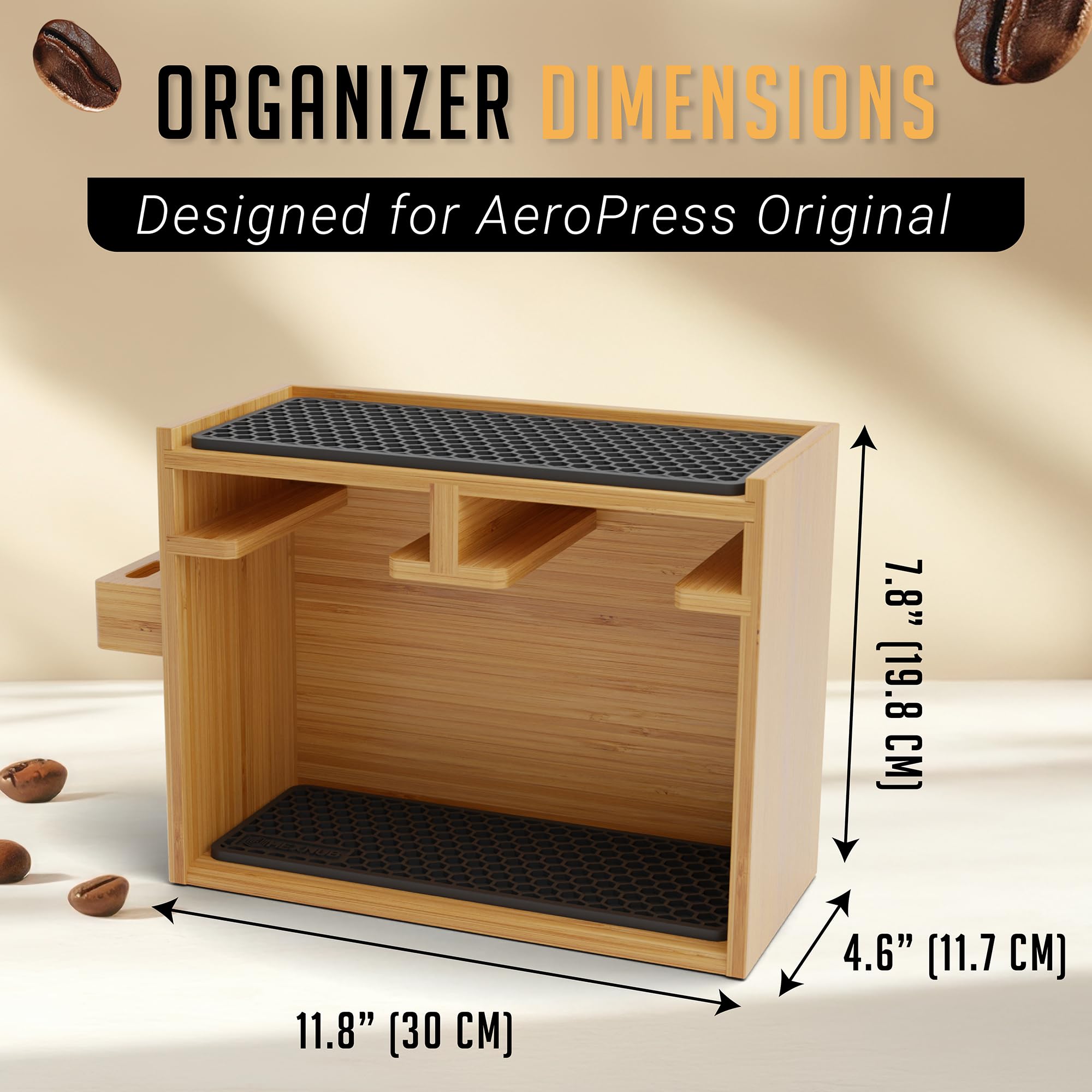 HEXNUB Organizer displaying AeroPress Original seated securely for fast access and tidy storage