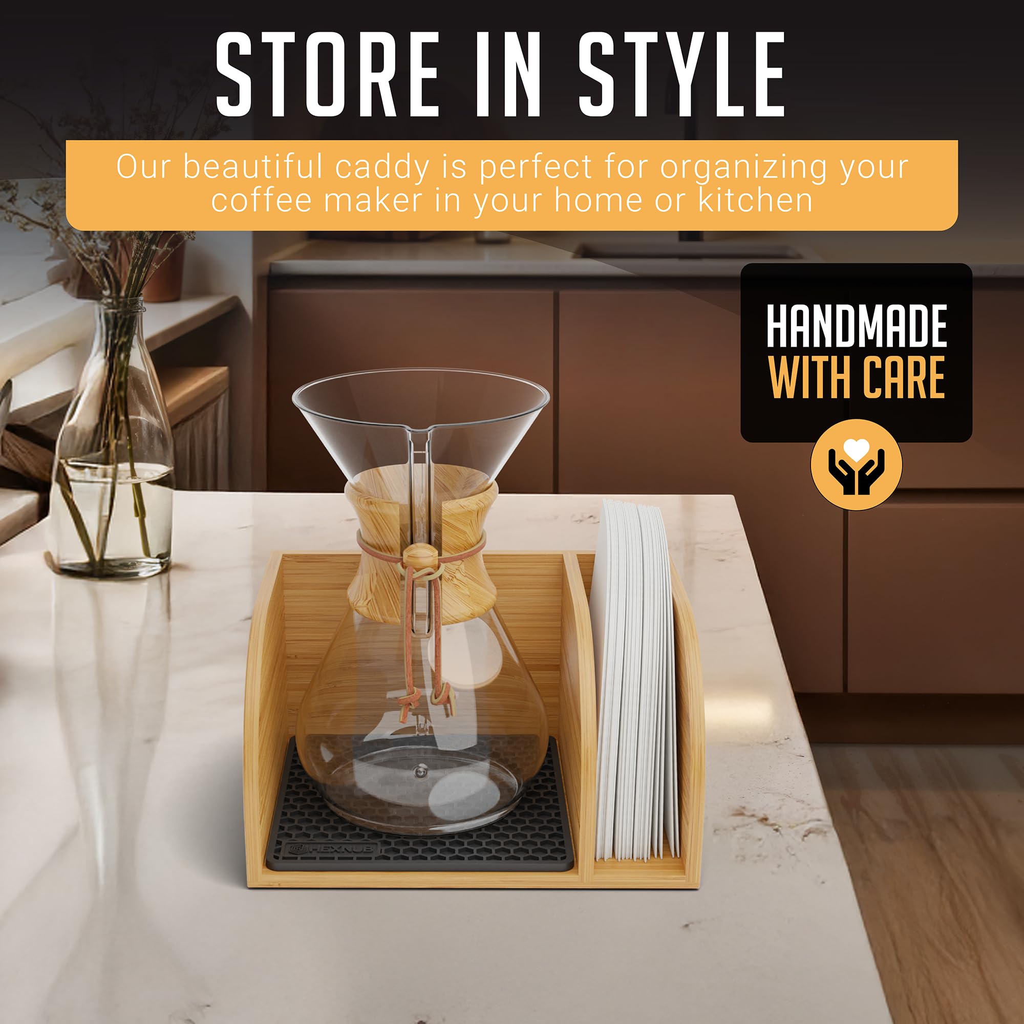 HEXNUB Chemex carafe placed on stand demonstrating secure fit