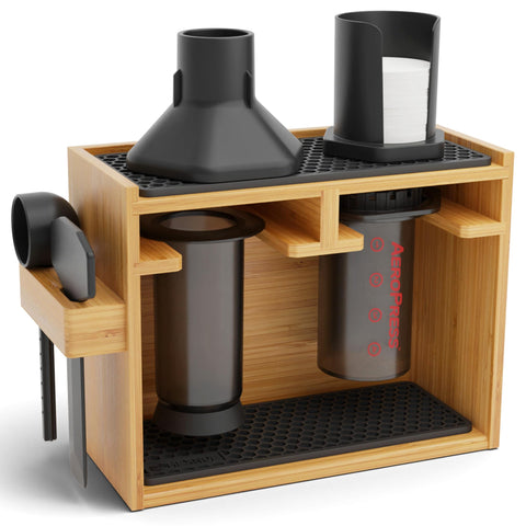 HEXNUB front view of bamboo organizer stand shows neat AeroPress storage and stylish finish