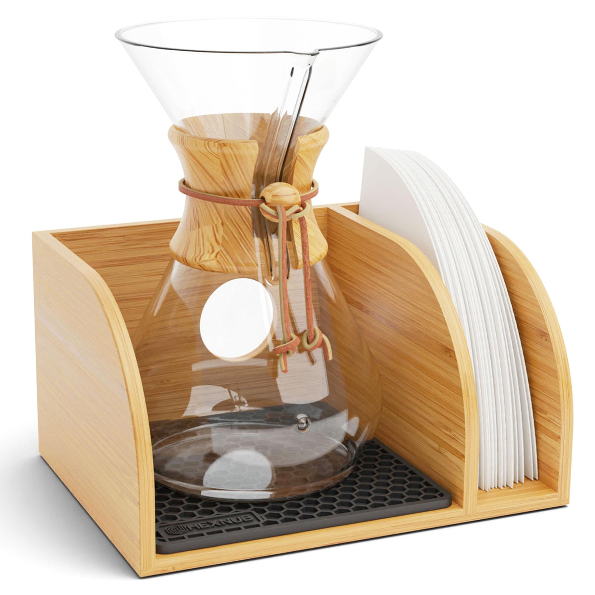HEXNUB front view of bamboo caddy showing organized coffee station benefit