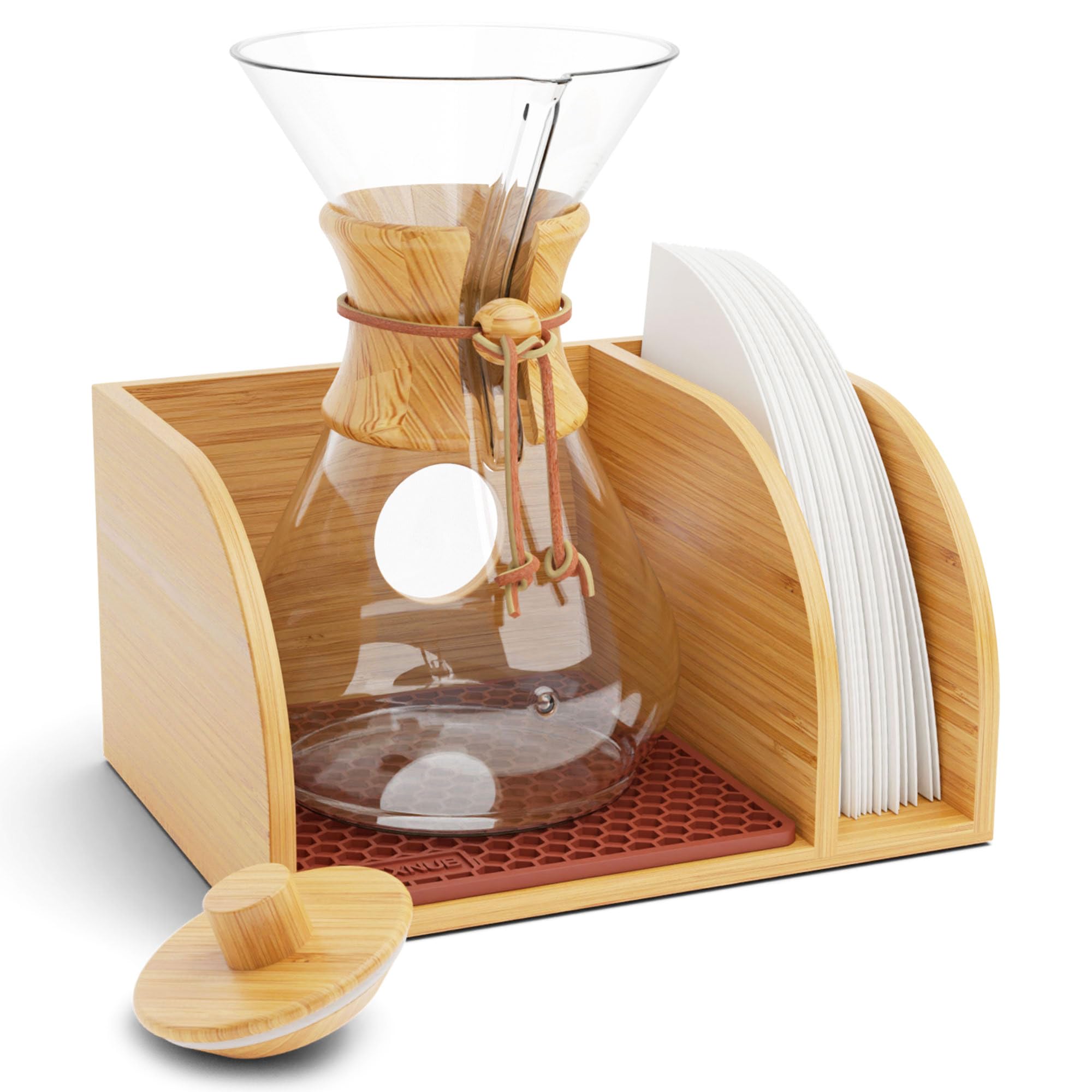 HEXNUB front view of bamboo caddy showing organized carafe and lid, tidy storage benefit
