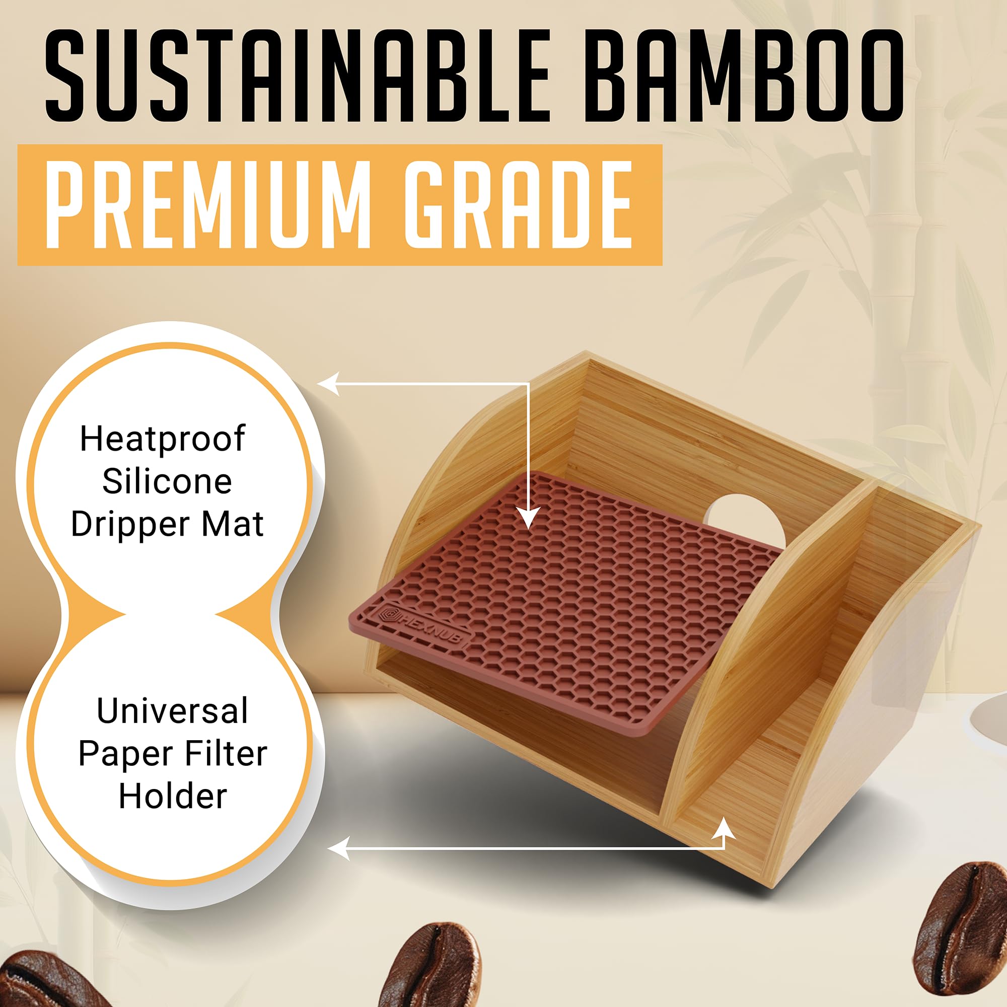 HEXNUB caddy in use with pour-over setup showing streamlined brewing benefit