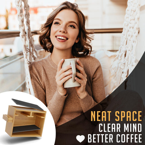 HEXNUB bamboo caddy staged on a kitchen counter for a clean, professional coffee station