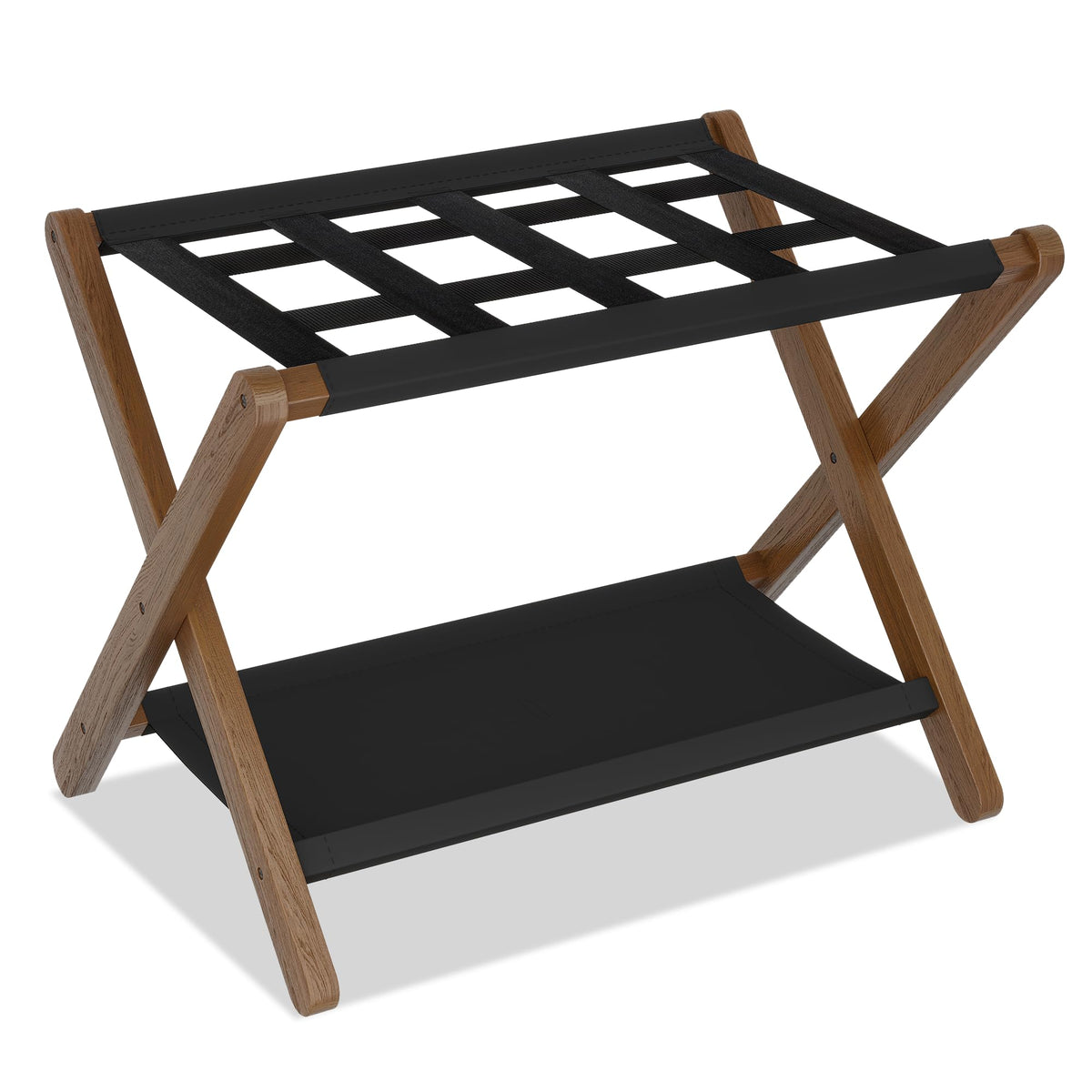 Heybly front view of walnut luggage rack showing stable support benefit