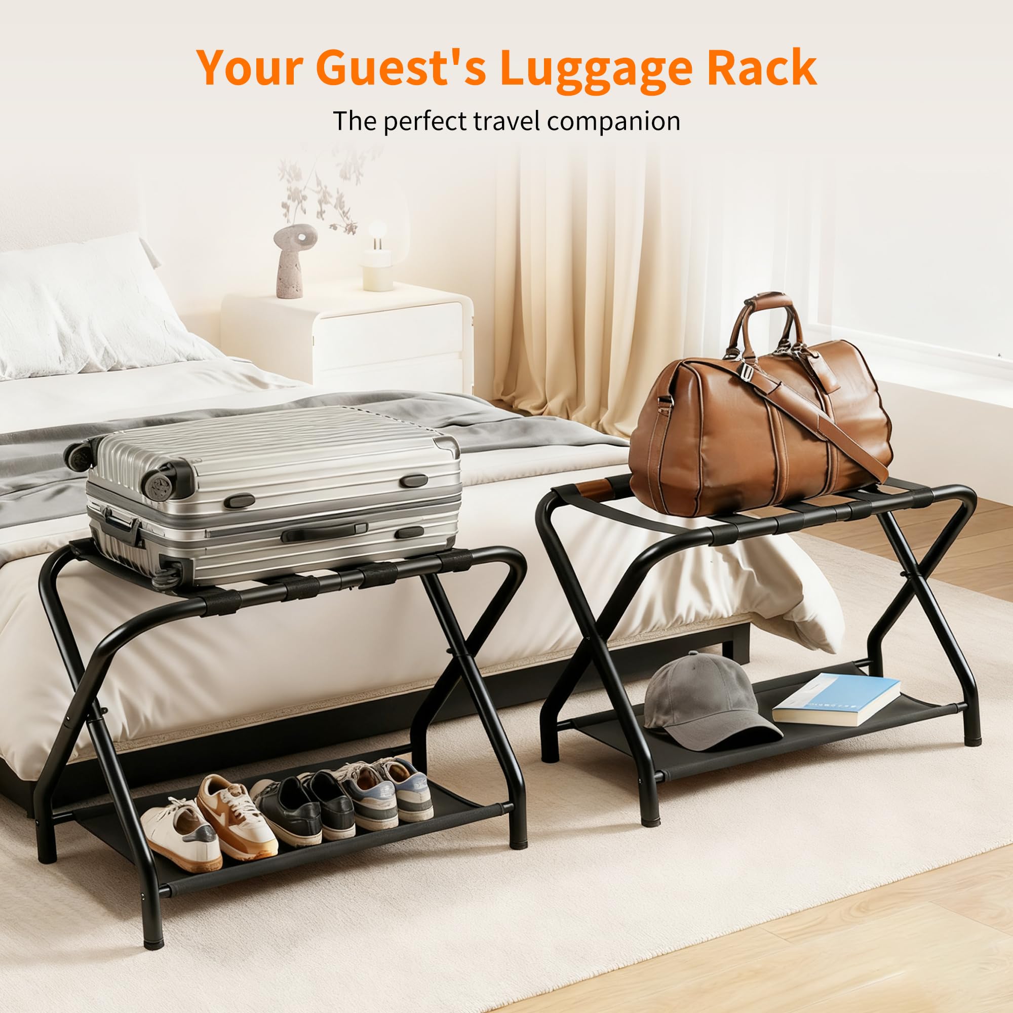Heybly luggage rack folded flat for compact storage, saving closet space
