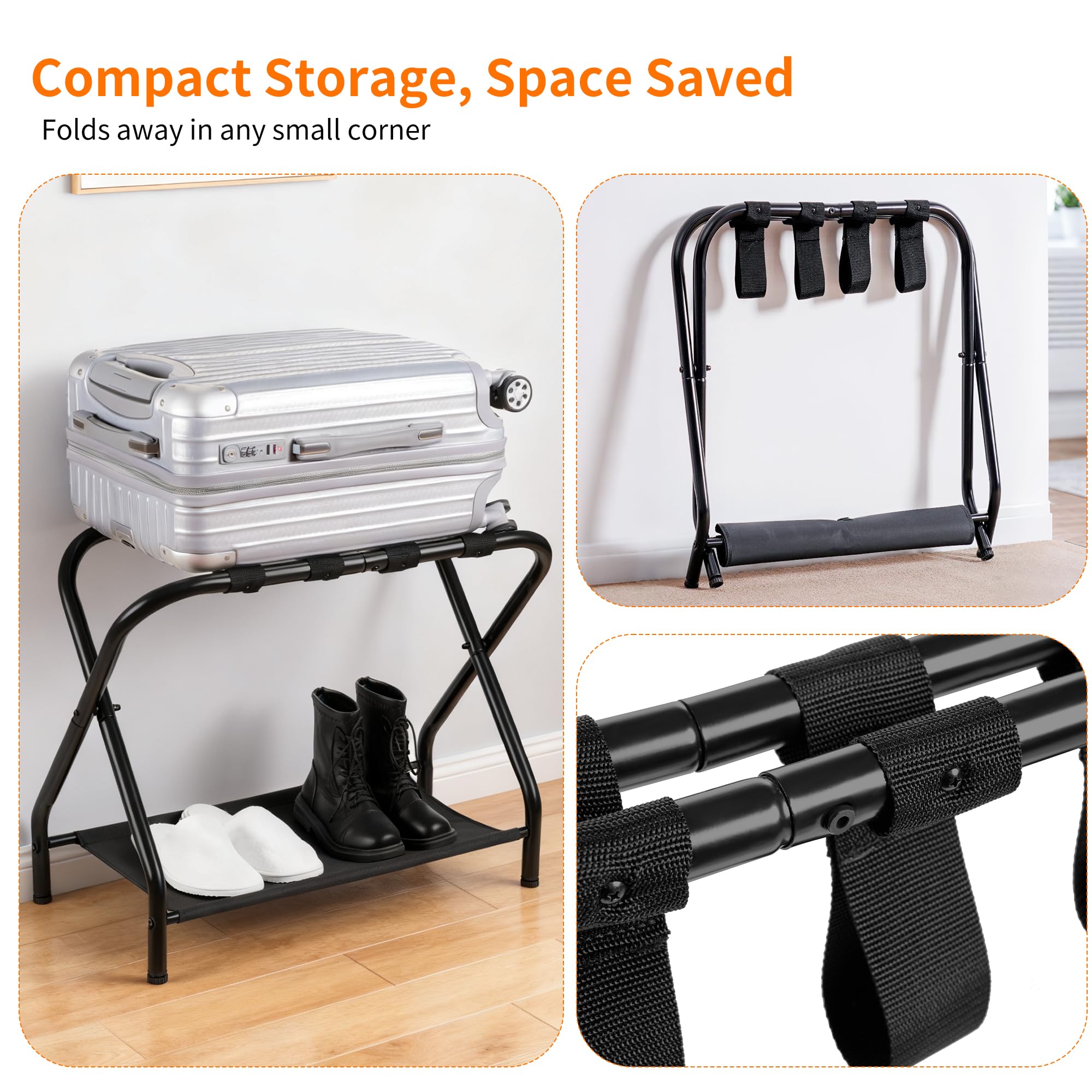 Heybly luggage rack lower shelf close-up holding shoes and bags for organized storage