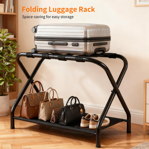 Heybly luggage rack folded under bed for space-saving comparison in a bedroom