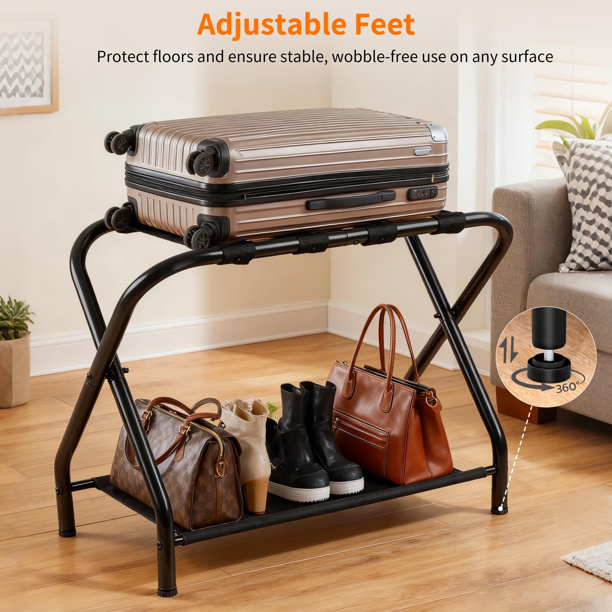 Heybly luggage rack supporting a large suitcase to demonstrate weight stability and durability