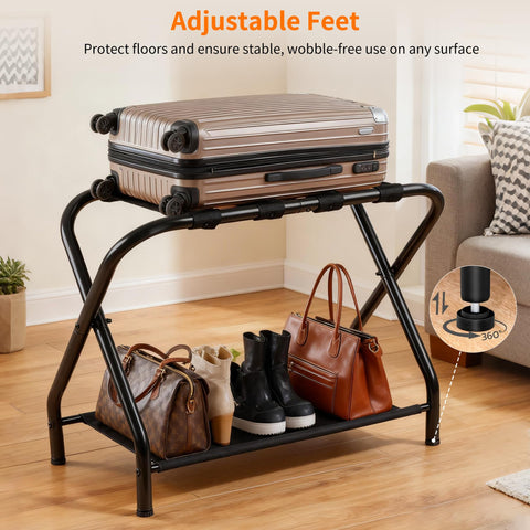 Heybly luggage rack supporting a large suitcase to demonstrate weight stability and durability