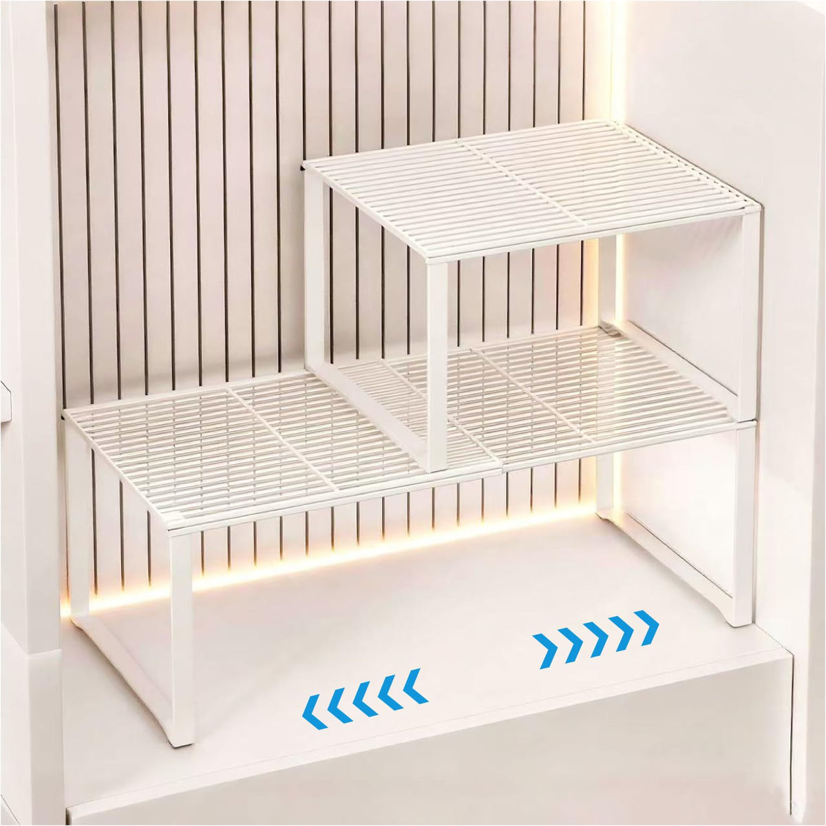 HGZBS front view of two white shelf units showing compact storage benefit