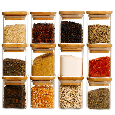HHMJSM front view showing 12 glass spice jars neatly arranged, improving pantry organization