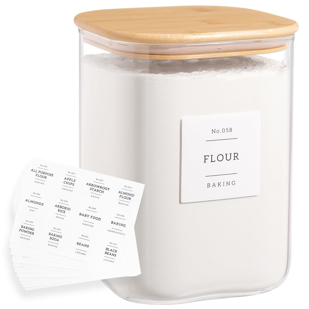 HHMJSM front view of glass canister set showing clear jars and bamboo lids for stylish storage