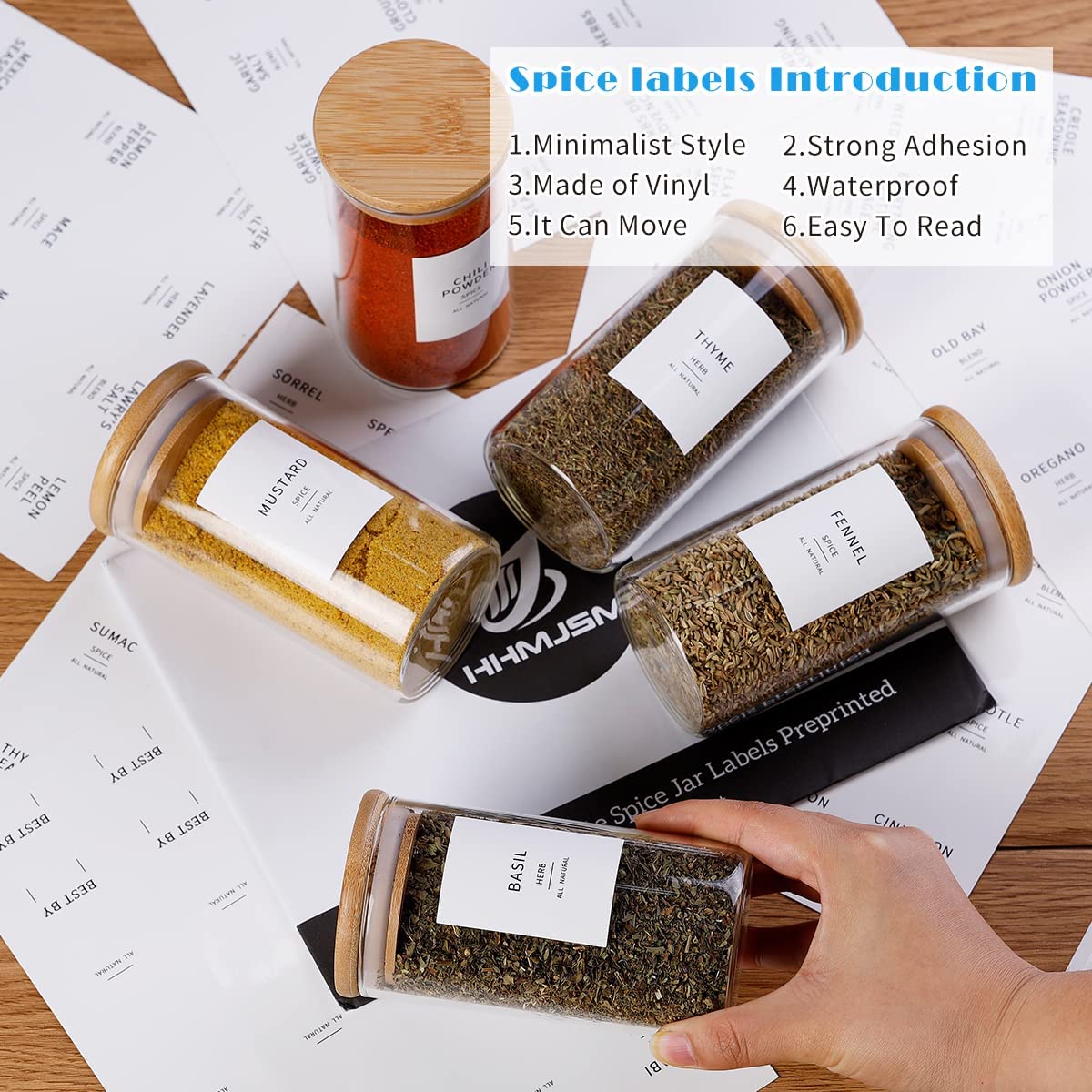 HHMJSM labeled jars lined on shelf offering quick-identify benefit