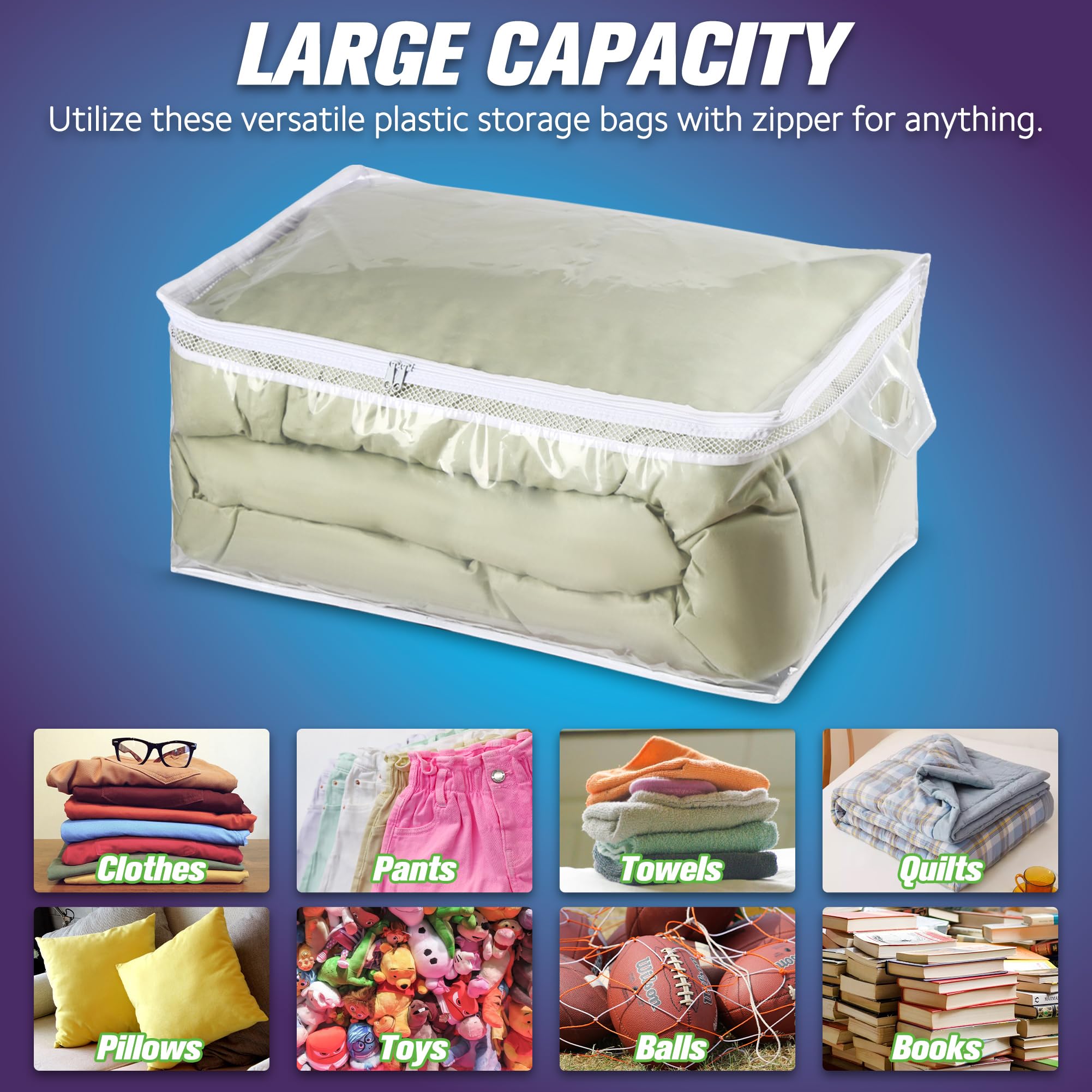 HIBAG bag filled with king comforter demonstrating generous 20-gallon capacity