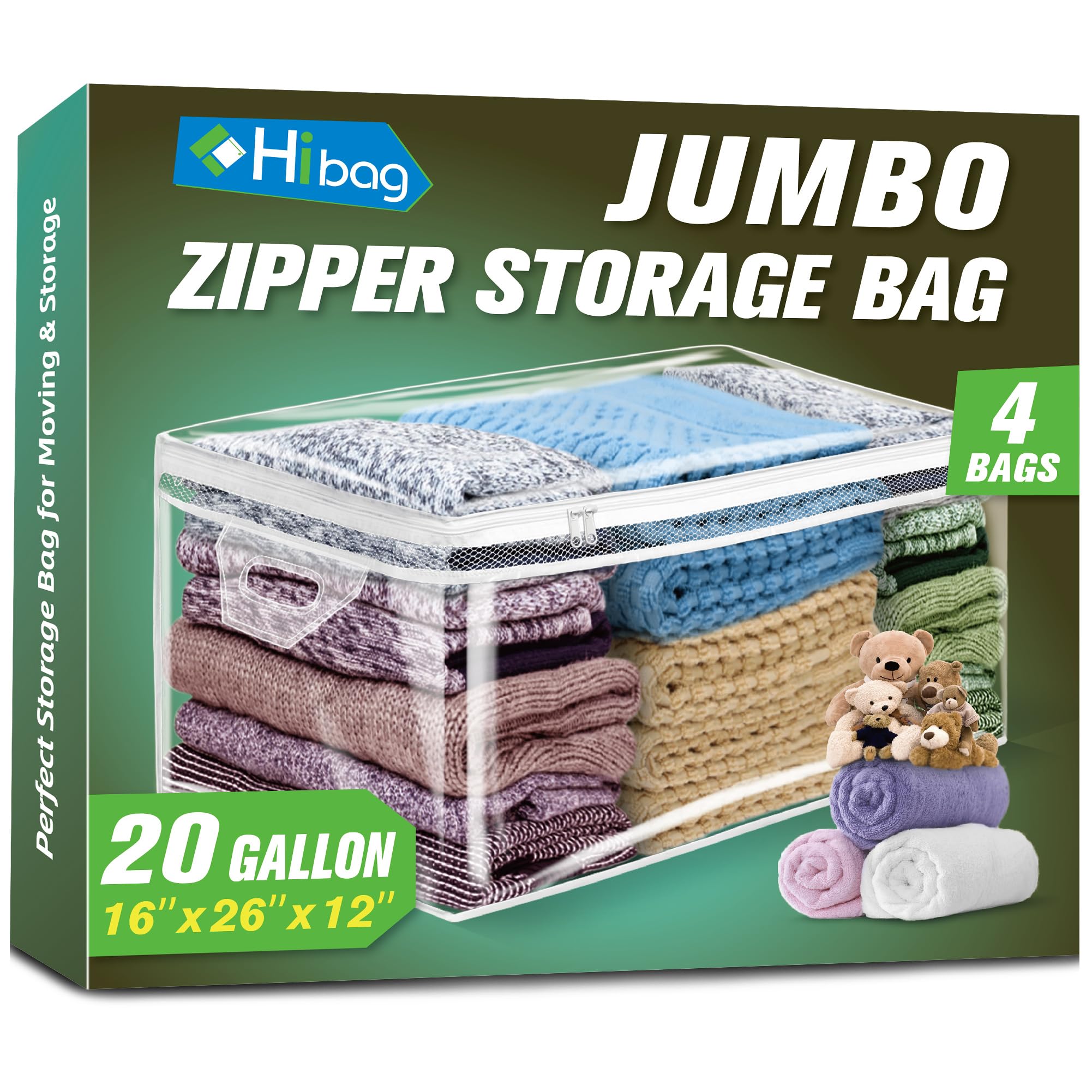 HIBAG front view of four-pack showing clear bag design and capacity benefit