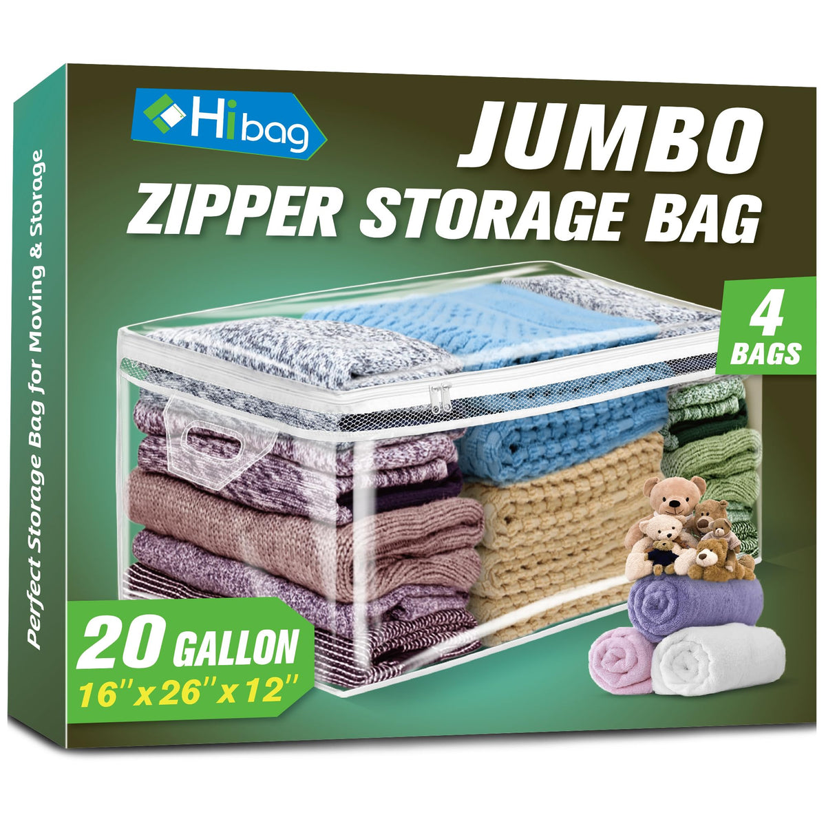 HIBAG front view of four-pack showing clear bag design and capacity benefit