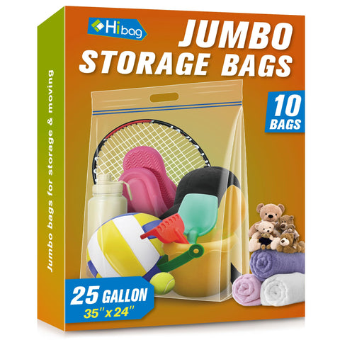 HIBAG front packaging showing ten clear jumbo bags for visible organization