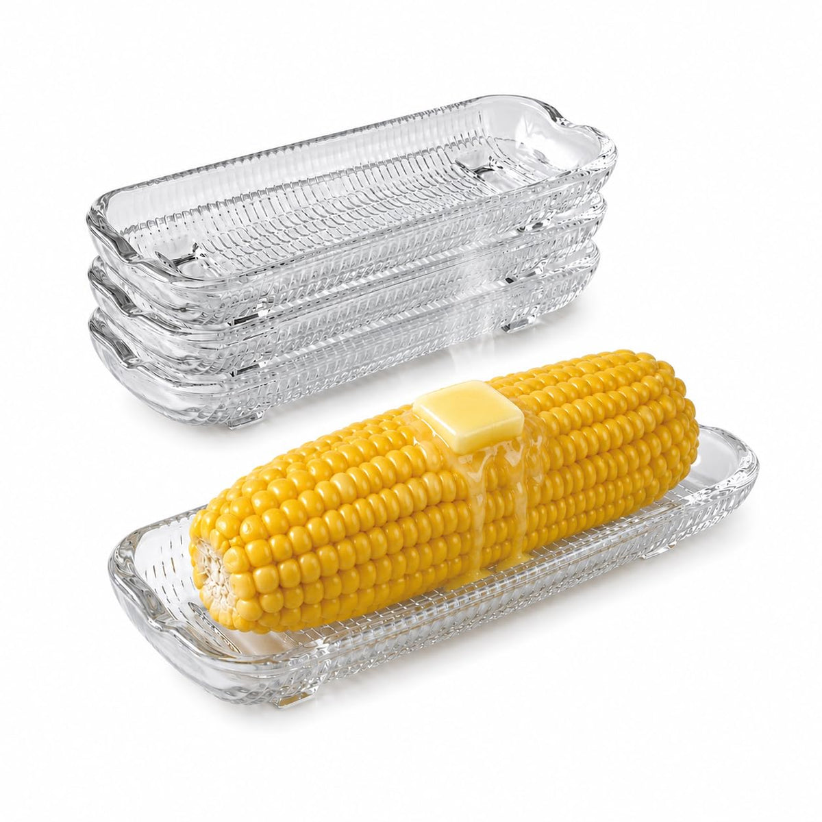 HIC Kitchen front view of pressed glass corn dish showing elegant shape and stability