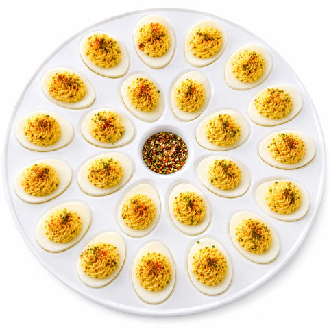 HIC Kitchen front view of deviled egg dish showing 24 wells and clean presentation benefit