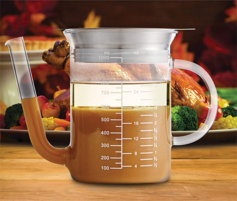 HIC Kitchen pouring drippings from low spout leaving fat behind for healthier flavorful gravy
