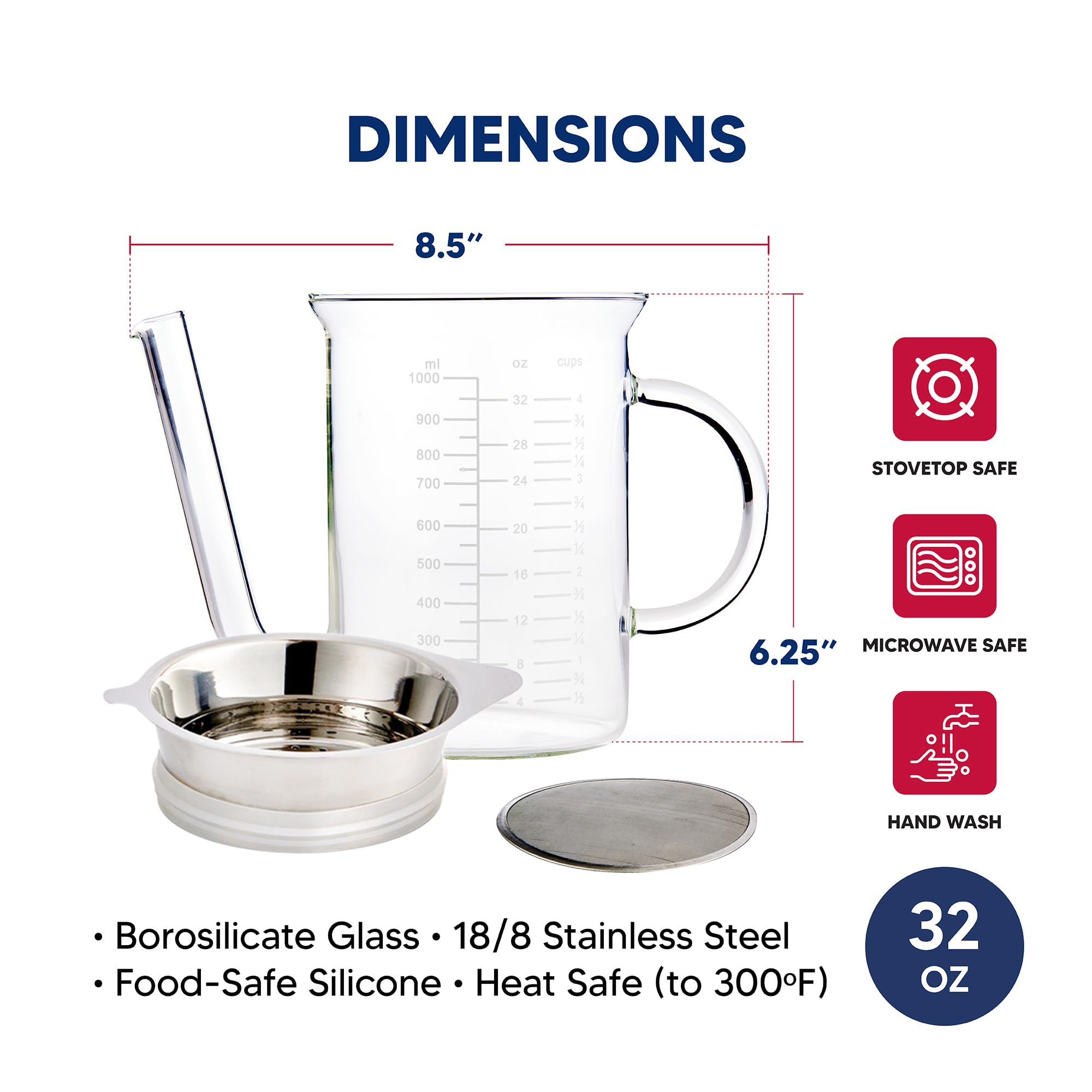 HIC Kitchen size comparison next to measuring cup showing 32-ounce capacity for large batches