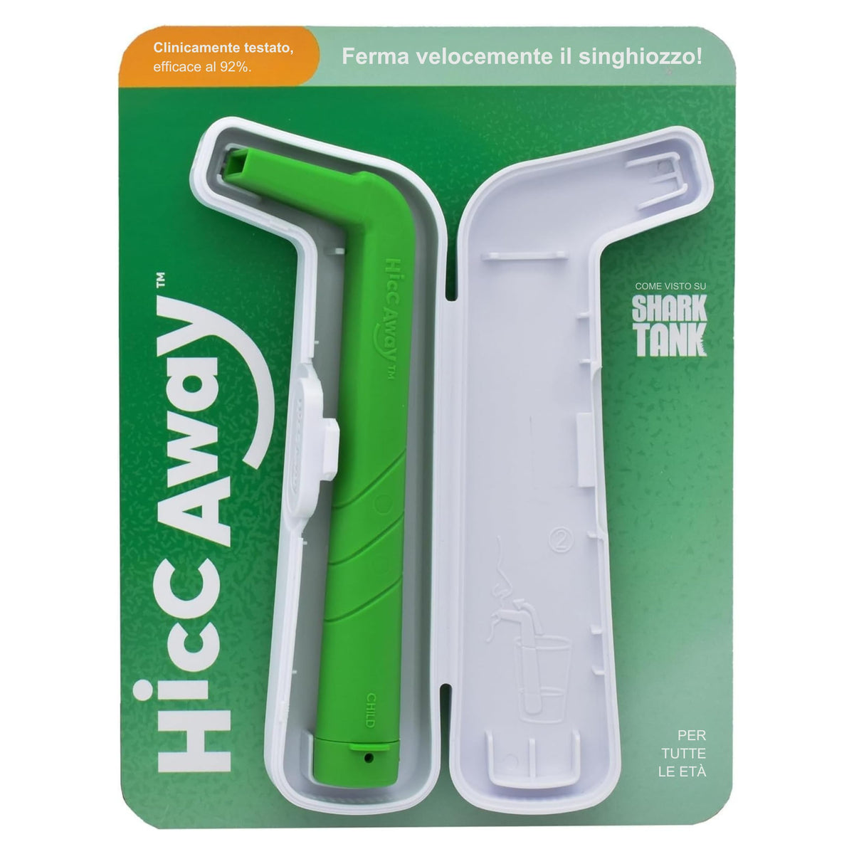 HICCAWAY front view showing the green anti-hiccup straw and benefit of instant relief